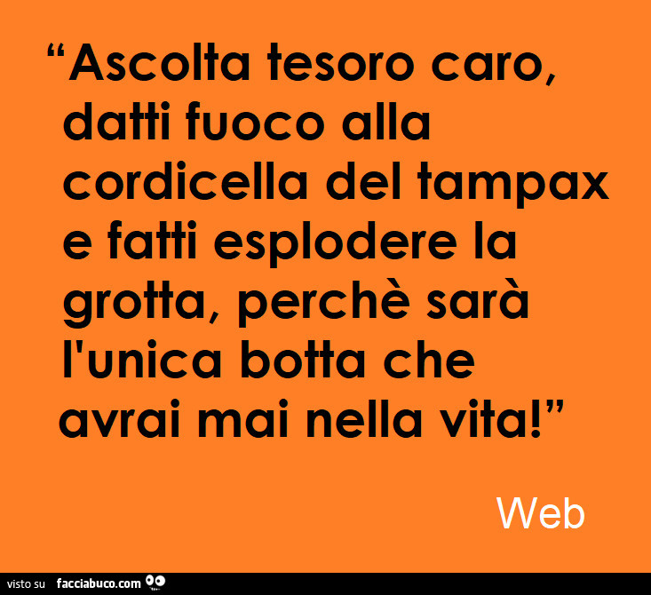 Ascolta tesoro caro, datti fuoco alla cordicella del tampax e fatti esplodere la grotta, perchè sarà l'unica botta che avrai mai nella vita